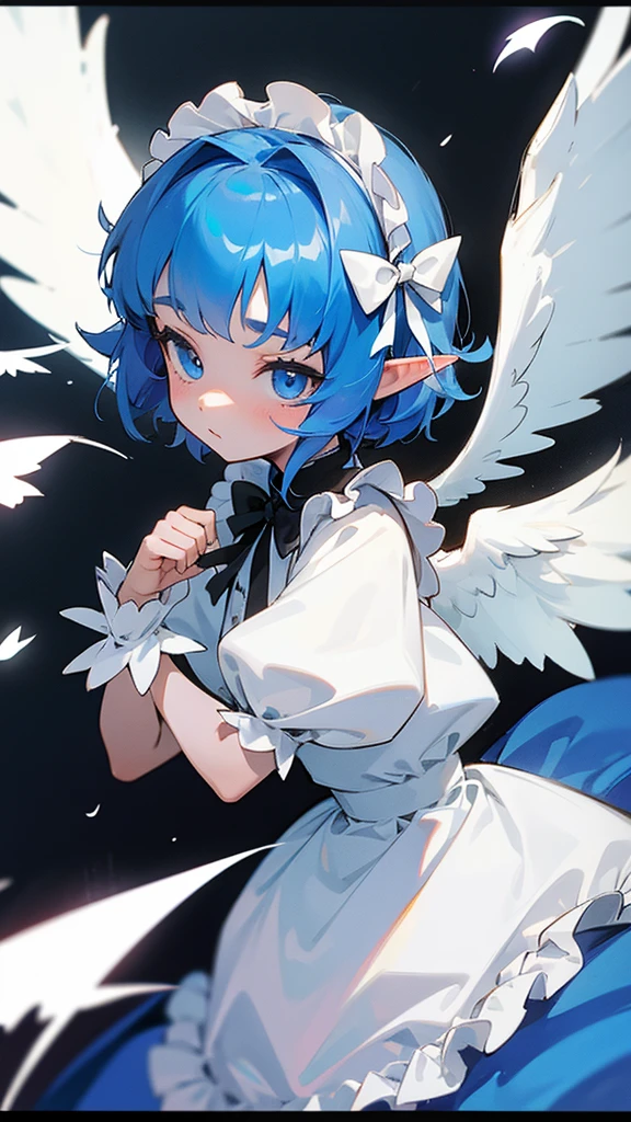 Adopt, angel girl, elf ears, long maid dress, lots of bows and ruffles, big wings, short blue hair,