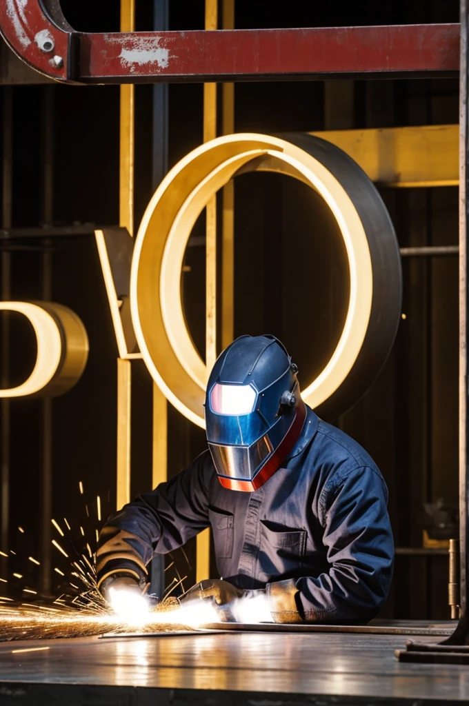 Give me a minimalist logo of a person welding letters that say MarVel Herreria