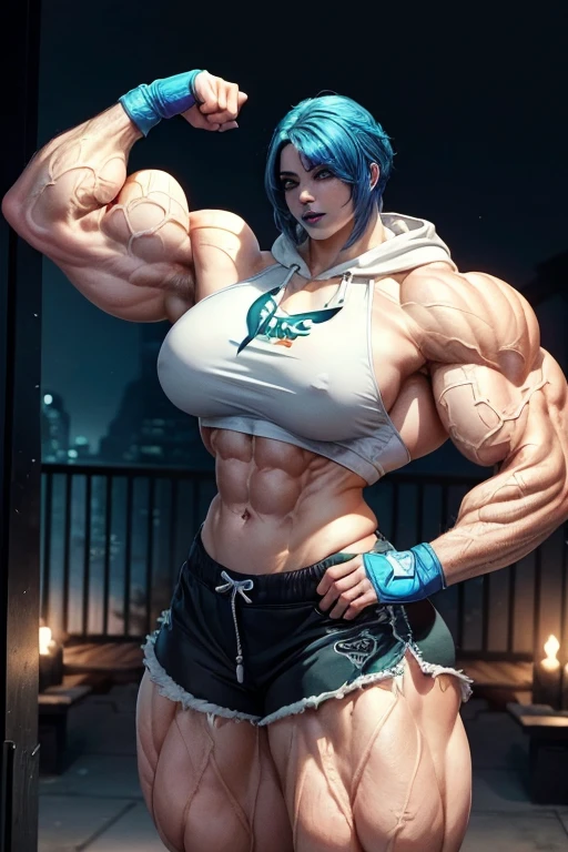 ((((Massive tall, beautiful, buff, pale white skinned muscular woman with royal blue hair, black lipstick, ginormous bulky muscles, flexing biceps, and wearing a white cropped hoodie with dolphin shorts)))), close view, massive muscle, massive biceps, hyper muscle shoulders, massive muscle arms, vascular shoulders, hyper muscle triceps, (long wavy curly hair), white eyes, choker, sneakers, in a hot outdoors gym, (fingerless gloves), closed smile, night, hyper vascular arm, hyper muscles arms, hyper muscle legs, massive arms.