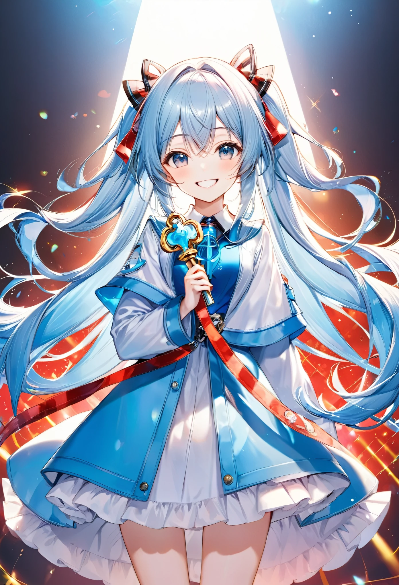 Light blue long hair、Twin-tailed Girl、holding a big key、Bright smile