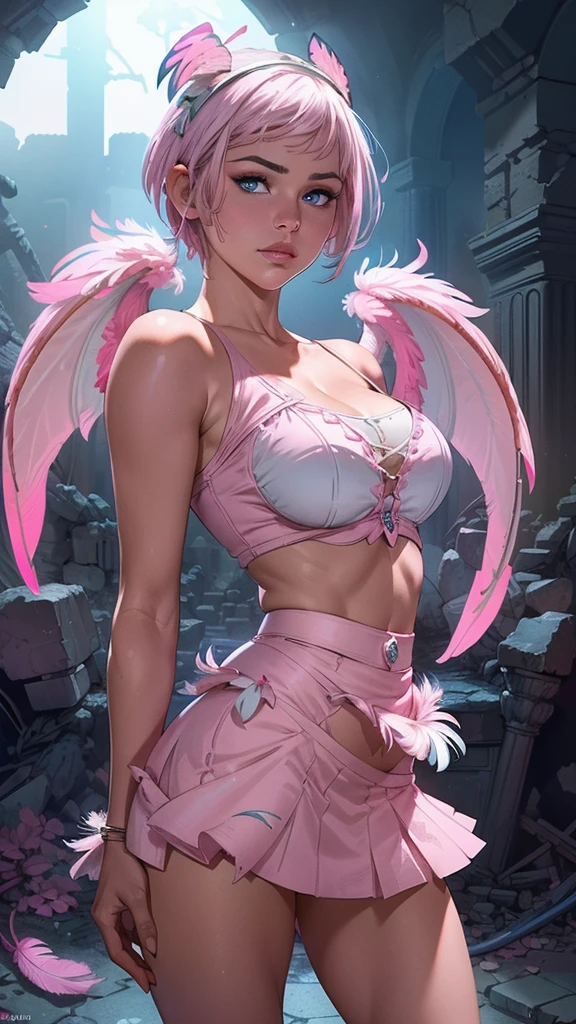 (La Best Quality,A high resolution,Ultra - detailed,actual),Selena Gomez xuer hologram Laser dress,(Short pink and white hair:1.4) ,(mini skirt pink :1.4) ,(Ruined dungeon ruins background:1.4 ), More detailed 8K.unreal engine:1.4,UHD,La Best Quality:1.4, photorealistic:1.4, skin texture:1.4, masterpiece:1.8,first work, Best Quality,object object], (detailed face features:1.3),(The correct proportions),(Beautiful blue eyes), (cowboy pose), Selena Gomez :1.4),( cinematic lighting :1.4), (skirt lifted by itself: 1.1), (skirt lift: 1.3), (showing white panties: 1.3), (bright colors) , (perfect anatomy :1.4),( has big flamingo feather wings:1.4), manos perfectas: 1.5