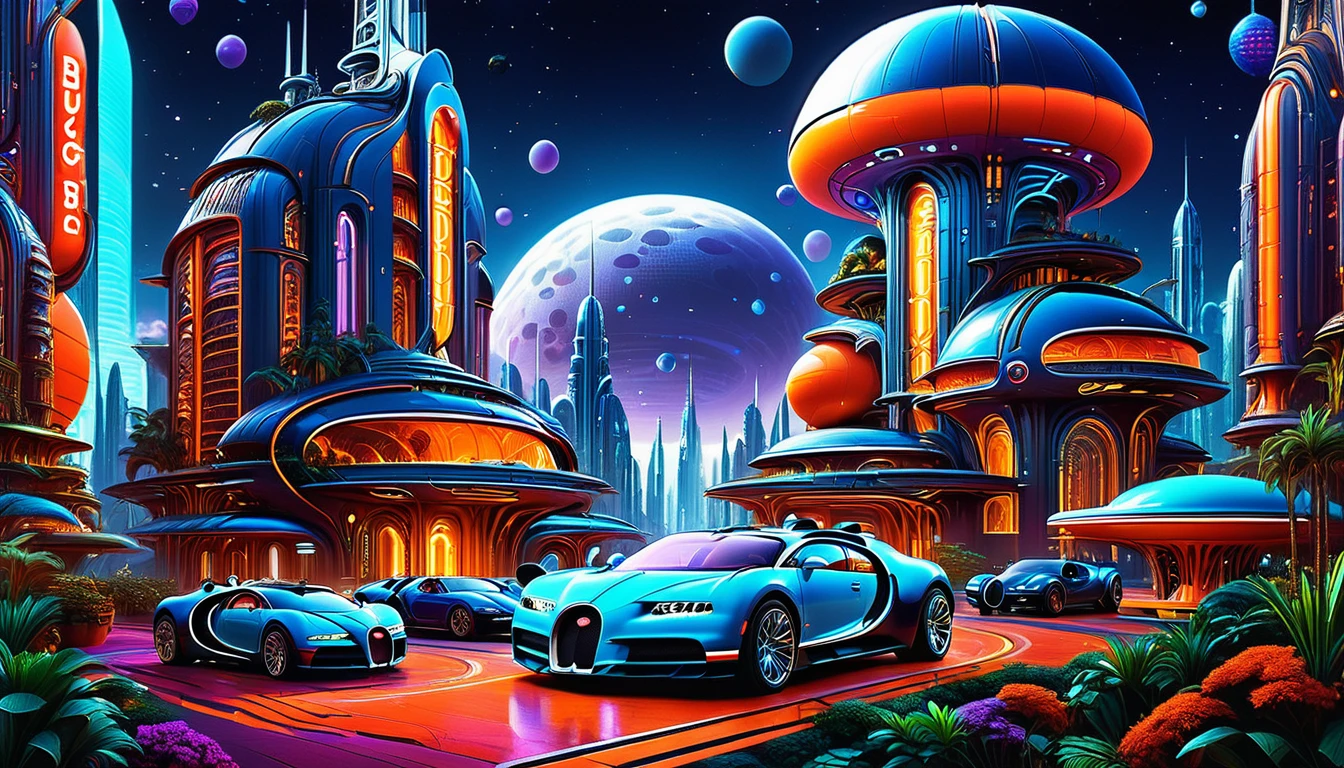 towering skyscrapers with neon lights and holographic advertisements, flying cars (((Brand BUGATTI))) and spaceships in the sky, Concept art by Syd Mead and H..r. Giger, hyperrealistic details, Intricate design, vibrant colors pandoralnd psyland extremely high quality rAW photograph, detailed background, Intricate, Exquisite details and textures, Very detailed, ultra detailed photography, warm lighting, art station, sharp focus, high resolution, detailed skin, detailed eyes, 8k HD, dskr, high quality, film grain, Fujifilm XT3