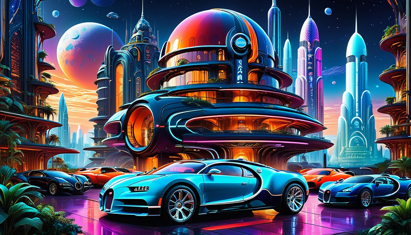 towering skyscrapers with neon lights and holographic advertisements, flying cars (((Brand BUGATTI))) and spaceships in the sky, Concept art by Syd Mead and H..r. Giger, hyperrealistic details, Intricate design, vibrant colors pandoralnd psyland extremely high quality rAW photograph, detailed background, Intricate, Exquisite details and textures, Very detailed, ultra detailed photography, warm lighting, art station, sharp focus, high resolution, detailed skin, detailed eyes, 8k HD, dskr, high quality, film grain, Fujifilm XT3