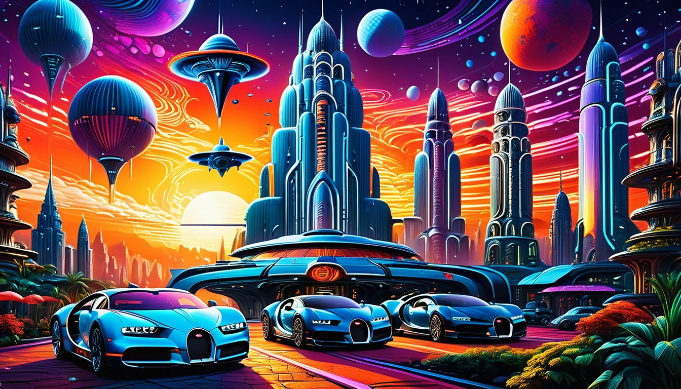 towering skyscrapers with neon lights and holographic advertisements, flying cars (((Brand BUGATTI))) and spaceships in the sky, Concept art by Syd Mead and H..r. Giger, hyperrealistic details, Intricate design, vibrant colors pandoralnd psyland extremely high quality rAW photograph, detailed background, Intricate, Exquisite details and textures, Very detailed, ultra detailed photography, warm lighting, art station, sharp focus, high resolution, detailed skin, detailed eyes, 8k HD, dskr, high quality, film grain, Fujifilm XT3