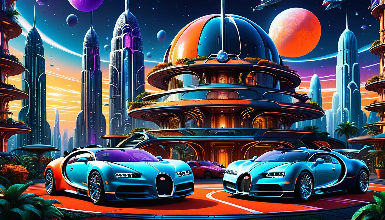 towering skyscrapers with neon lights and holographic advertisements, flying cars (((Brand BUGATTI))) and spaceships in the sky, Concept art by Syd Mead and H..r. Giger, hyperrealistic details, Intricate design, vibrant colors pandoralnd psyland extremely high quality rAW photograph, detailed background, Intricate, Exquisite details and textures, Very detailed, ultra detailed photography, warm lighting, art station, sharp focus, high resolution, detailed skin, detailed eyes, 8k HD, dskr, high quality, film grain, Fujifilm XT3