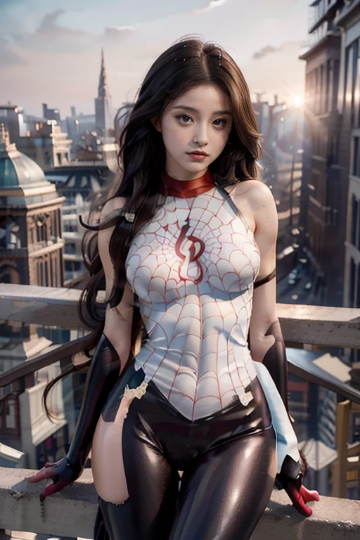 (Photo realistic) (ray tracing) (ultra detailed) (ultra detailed face and hands) (extremely detailed wallpaper), photo of the most beautiful scene in the world, Intricate, High Detail, Sharp focus, dramatic, photorealistic, (looking at viewer:1.2), (detailed pupils:1.3),(Highest Quality), (Photo realistic), (Masterpiece), full length body, detailed image, hyper realistic face and body, realistic 5 finger hands, Super realistic background, beautiful, young woman resembling Ariana Grande, Daylight, CIty, Rooftop, Moody Lights, Movie scene, standing pose, flash, smoke, dramatic, busty, Spiderman, sexy athletic tight tiny spidergirl, tight body-painted red and blue spiderman bodysuit, full length shot, daylight, Girl resembles Ariana Grande, Sunlight lighting Girls face and body, well lit face and body