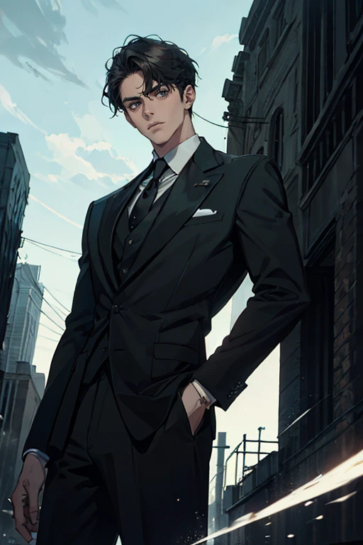 ((One young man with a black suit and tie)), gotham, alejandro, (((side swept dark short hair))), (dark green eyes and thick eyebrows), smirk, ((20 years old)), ((masterpiece)), posture dynamic, ((cinematic lighting)), (height tall around 5'6)