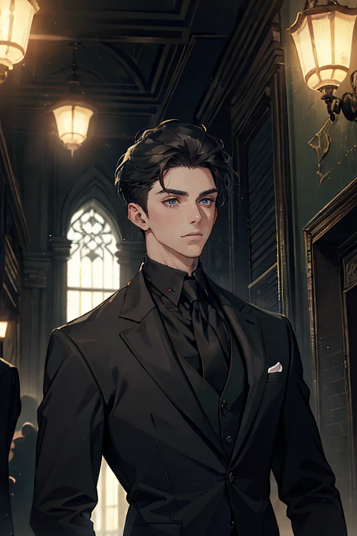 ((One young man with a black suit and tie)), gotham, alejandro, (((side swept dark short hair))), (dark green eyes and thick eyebrows), smirk, ((20 years old)), ((masterpiece)), posture dynamic, ((cinematic lighting)), (height tall around 5'6)