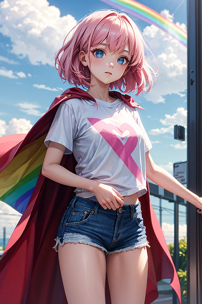((best quality)), ((masterpiece)), (detailed), 1girl, Pink hair, blue eyes, white t shirt with rainbow on it, blue Jean shorts, pink cape, standing on cloud, . Ethereal beauty. 