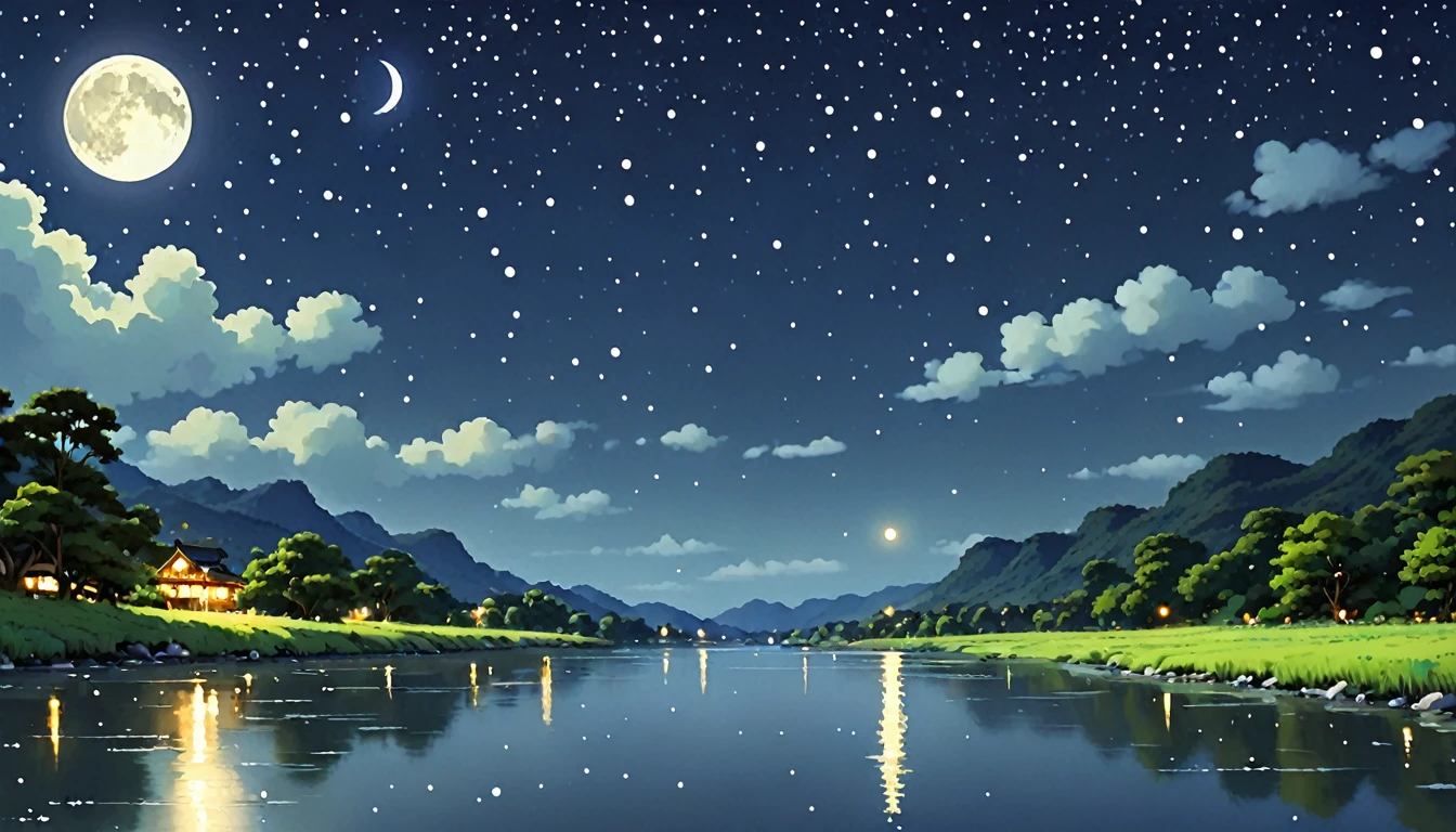 A condensed beauty of a painting of a river and the stars and moon in the sky, Concept art inspired by Mitsuoki Tosa, pixiv Contest Winner, Highest quality, Fantasy art, Beautiful anime scene, Bright moon circle, Starry Sky environment in the moonlight, Dream painting, Anime Background art, Dreamscape Painting, Great night, Anime Background, Background artwork, Great art, Atmospheric anime, Starry Sky, Detail enhancements.