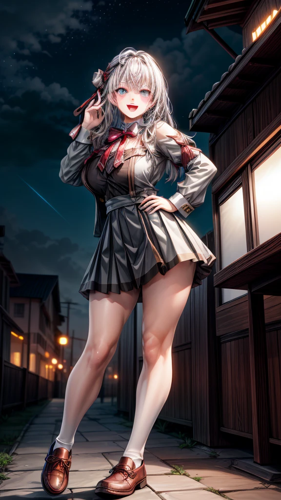 Alisa Kujou,
(night:1.7), 1 girl standing at attention, 22years,young female,beautiful Finger, beautiful long legs ,beautiful body ,beautiful Nose ,beautiful character design, Perfect eyes, perfect face,
There is an anime girl., 1 girl, thighs, Alone, (very short skirt:1.4), Blue eyes, old, black dress ,elegant , long socks (short dress) , neckline, bow, hand on hip, blush, black thighs, bowtie, inside, brown shoes, The Great Passage, moccasins, Shoes, large old, looking at the viewer, take half distance, close up shot of open mouth, thighs,
looking at the viewer, smile, greeting the viewer, In the center of the image, Fondo de pantalla CG unity 8K extremadamente detallado, Perfect lighting,showy, bright_forehead_face_Lightinasterpiece:1.0),(better_quality:1.0), ultra high resolution,4k,ultra detailed,
Photography, 8K, HDR, high resolution, absurdities:1.2, codas portrait, film grain, blurred background, bokeh:1.2, Lens flare, (Vibrant_Color:1.2)
, (beautiful_face:1.5),(narrow_waist), (beautiful,huge_old:1.3)