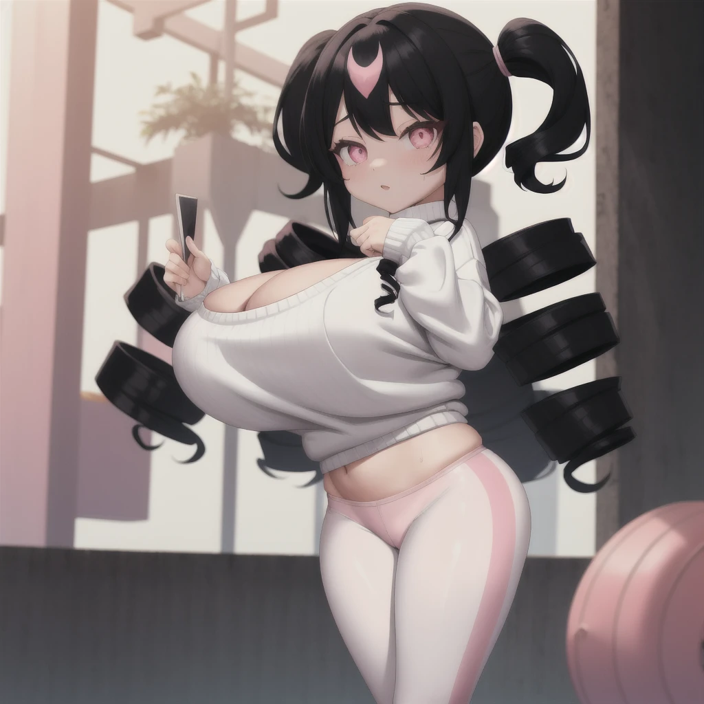 black hair, female, twin drills, solo, smol, pink eyes, massive breasts, very long hair, sexy pose, wear plain white sweater and leggings, masterpiece, ultra high quality