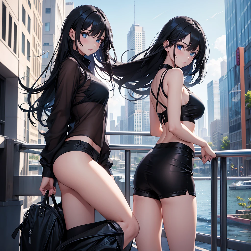 1girl, long black hair, blue eyes, wearing see through shirt, bikini shorts, city, absurdres, high res, ultrasharp, 8K, masterpiece, looking at viewer