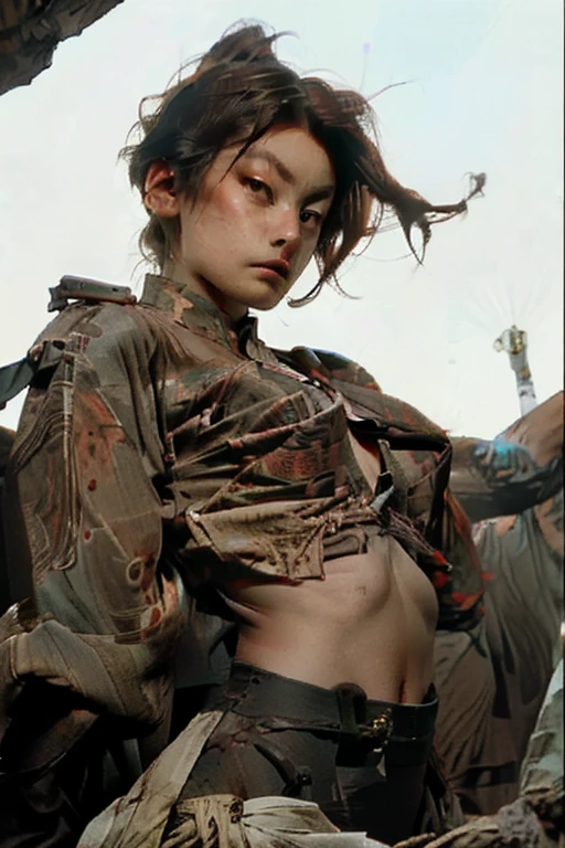 (((Women))), (((Best Quality))), (((masterpiece))), (((AS-Adult))), ((( Japanese ))), Look up from your knees, A beautiful asian samurai Women with perfect body, modern samurai, ((( Asian))), Wear gloves on your hands,The left arm is made of steel and metal tips.,Made of protective devices., The eyes are drawn, (( Appears under the chest. )), (( small dental floss )), Simon Bisley, almost naked(Simon Bisley)castle town desert,For high resolution posters, straight hair, Minimal clothing, armor (crazy clothes ), Full of spikes and rivets., tribal tattoos, (((full bodyesbian))), Straight brown hair,Dyed hair tips