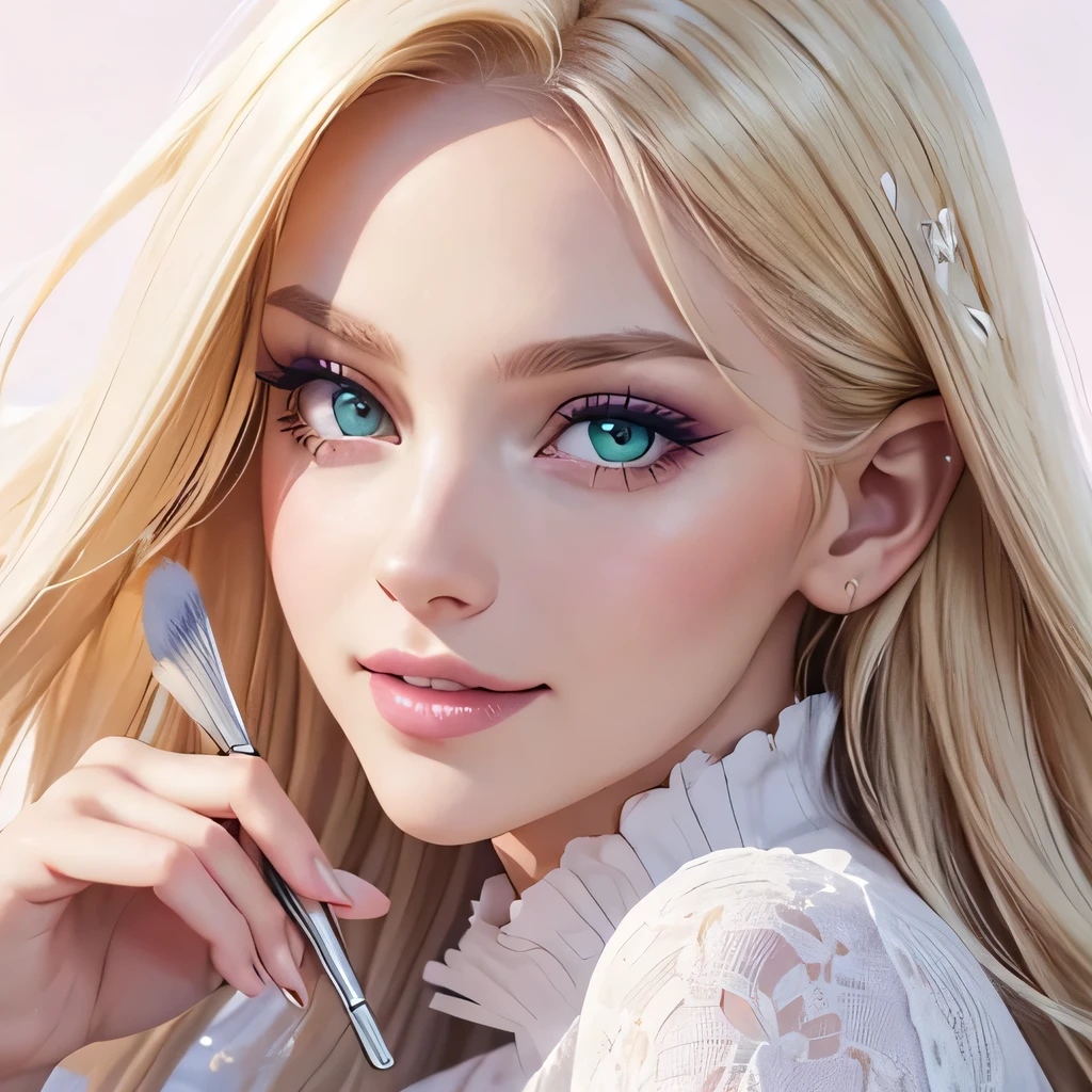 create a beautiful woman, with shiny blonde hair, with a beautiful smile, from sideways, showing his hair, a woman with light white skin, detailed green eyes, with a light lilac background, light lilac clothing, face on the side, Flying hair, showing makeup, makeup in hand, foundation in hand, compact powder, brush.
