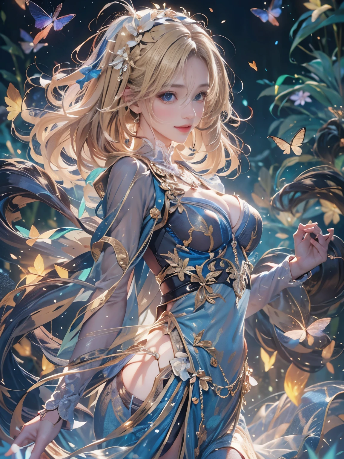 (8K, Highest quality, masterpiece: 1.2), (Realistic, photo Realistic: 1.37), Very detailed, One Girl, Wide viewing angles, Firefly Garden, Small faint lights and flying fireflies, night, Yasutomo Oka's Painting style, Large, firm, swaying bust, I can see her cleavage, Intricate details, Splash screen, 8K resolution, masterpiece, A kind smile, Mysterious Background, aura, A gentle gaze, break, blonde, Dynamic sexy pose,