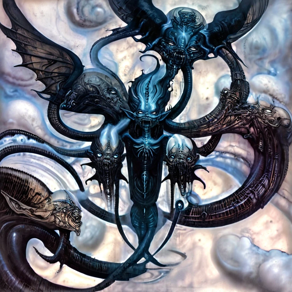 In a morbid whimsical horror cartoon world, a hulucinatory kaleidoscope of flying shadow beings swirl against surreal landscapes, inspired by the eldritch gods of HP Lovcraft. Savage mews and nightmarish dreams converge as visceral morbidly exaggerated shapes come alive. A fantastical nightmare realm unfolds, reminiscent of gerrald Broms distinctive art style. Against a backdrop of bleeding clouds and stark tumoltuous skies, photosureall concept art by karol Bak and junji ito captures the mayhem and distortion of this world in motion. (art inspired by beksinsky). oil painting)