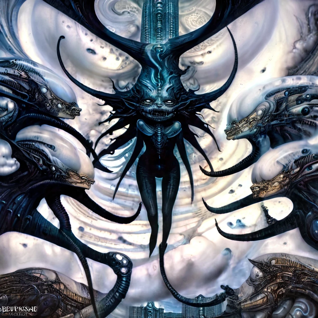 In a morbid whimsical horror cartoon world, a hulucinatory kaleidoscope of flying shadow beings swirl against surreal landscapes, inspired by the eldritch gods of HP Lovcraft. Savage mews and nightmarish dreams converge as visceral morbidly exaggerated shapes come alive. A fantastical nightmare realm unfolds, reminiscent of gerrald Broms distinctive art style. Against a backdrop of bleeding clouds and stark tumoltuous skies, photosureall concept art by karol Bak and junji ito captures the mayhem and distortion of this world in motion. (art inspired by beksinsky). oil painting) 