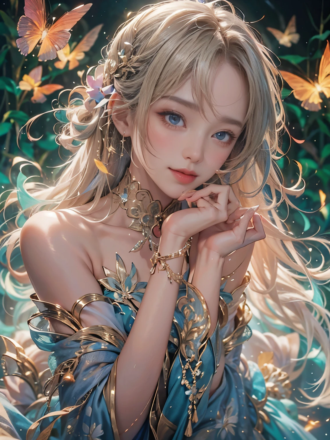 (8K, Highest quality, masterpiece: 1.2), (Realistic, photo Realistic: 1.37), Very detailed, One Girl, Wide viewing angles, Firefly Garden, Small faint lights and flying fireflies, night, Yasutomo Oka's Painting style, Large, firm, swaying bust, I can see her cleavage, Intricate details, Splash screen, 8K resolution, masterpiece, A kind smile, Mysterious Background, aura, A gentle gaze, break, blonde, Dynamic sexy pose,