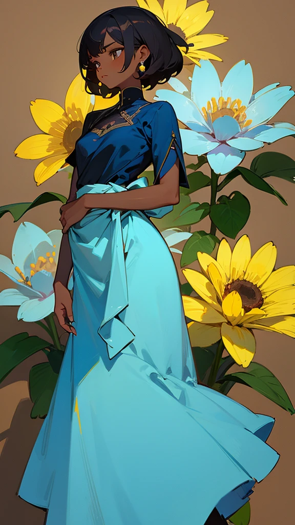 art in blue, yellow, brown colors, girl with dark skin to the waist, flowers