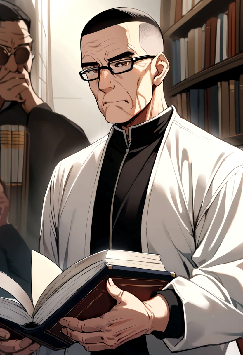 60 year old man with crew cut, brown eyes, black glasses, black high collar long sleeve shirt, white jacket, likes books