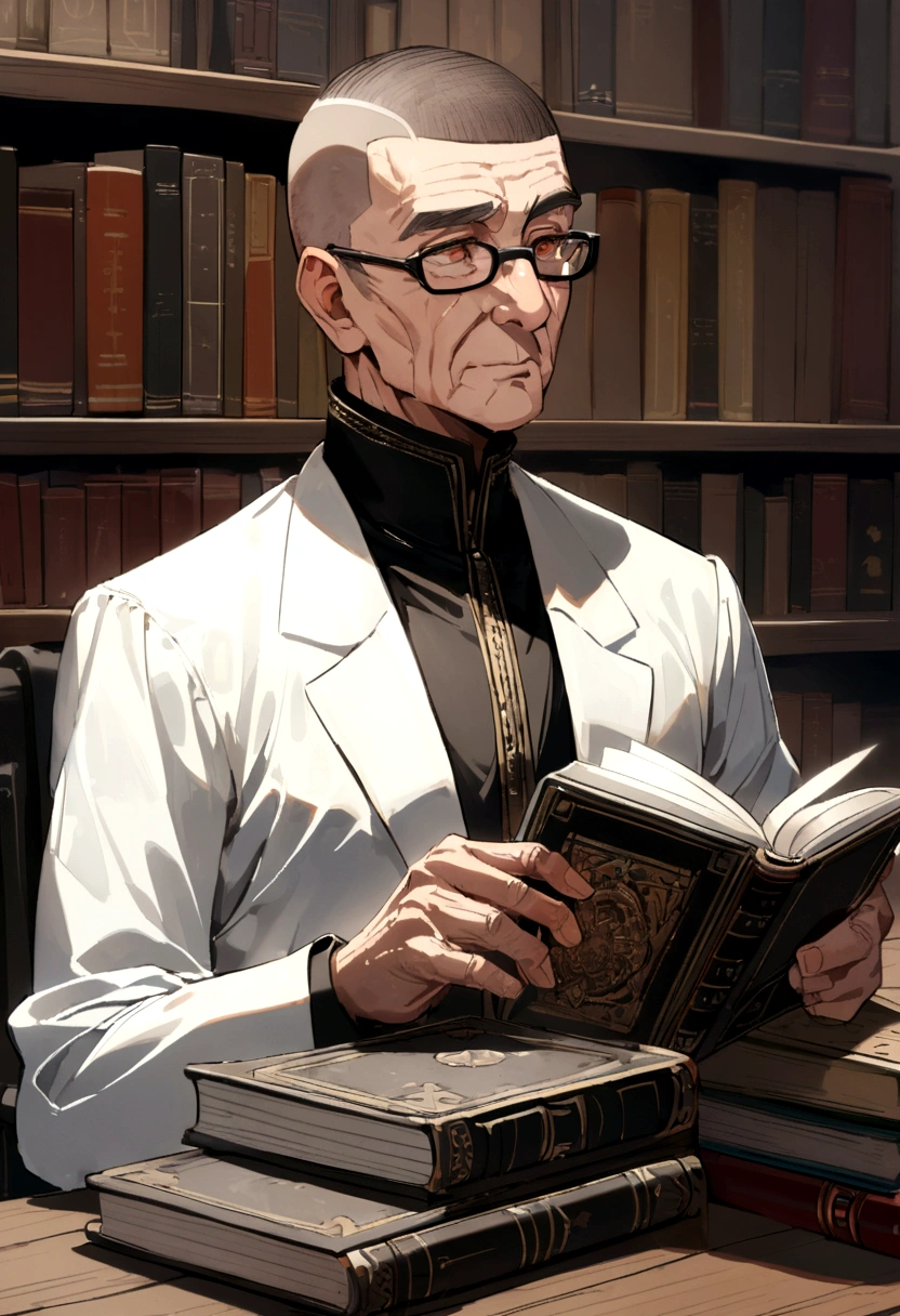 60 year old man with crew cut, brown eyes, black glasses, black high collar long sleeve shirt, white jacket, likes books