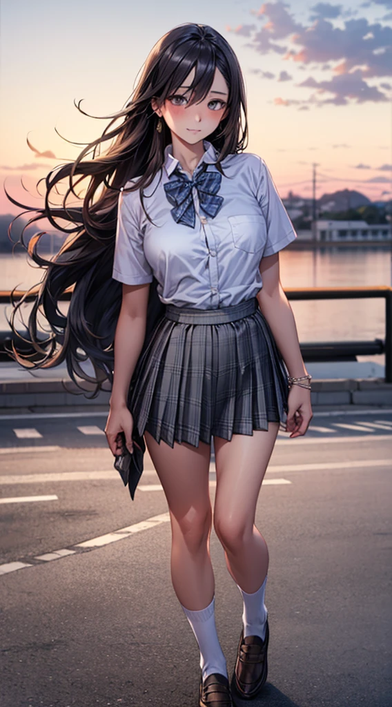 (masterpiece:1.2, top-quality), (realistic, photorealistic:1.4), beautiful illustration, 
looking at viewer, full body, front view:0.6, 
1 girl, japanese, high school girl, (long hair:1.5), blown hair, (half up, half updo), bangs, hair between eye, large breasts:0.8, 
beautiful hair, beautiful face, beautiful detailed eyes, beautiful clavicle, beautiful body, beautiful chest, beautiful thigh, beautiful legs, beautiful fingers, 
(beautiful scenery), , school,
((collared short sleeve shirt, white shirt, , grey plaid pleated skirt, blue plaid bow tie)), white panties, 
(standing, , lift up skirt, grab the hem of the skirt, hands on chest, hand between legs), 
blush, ,