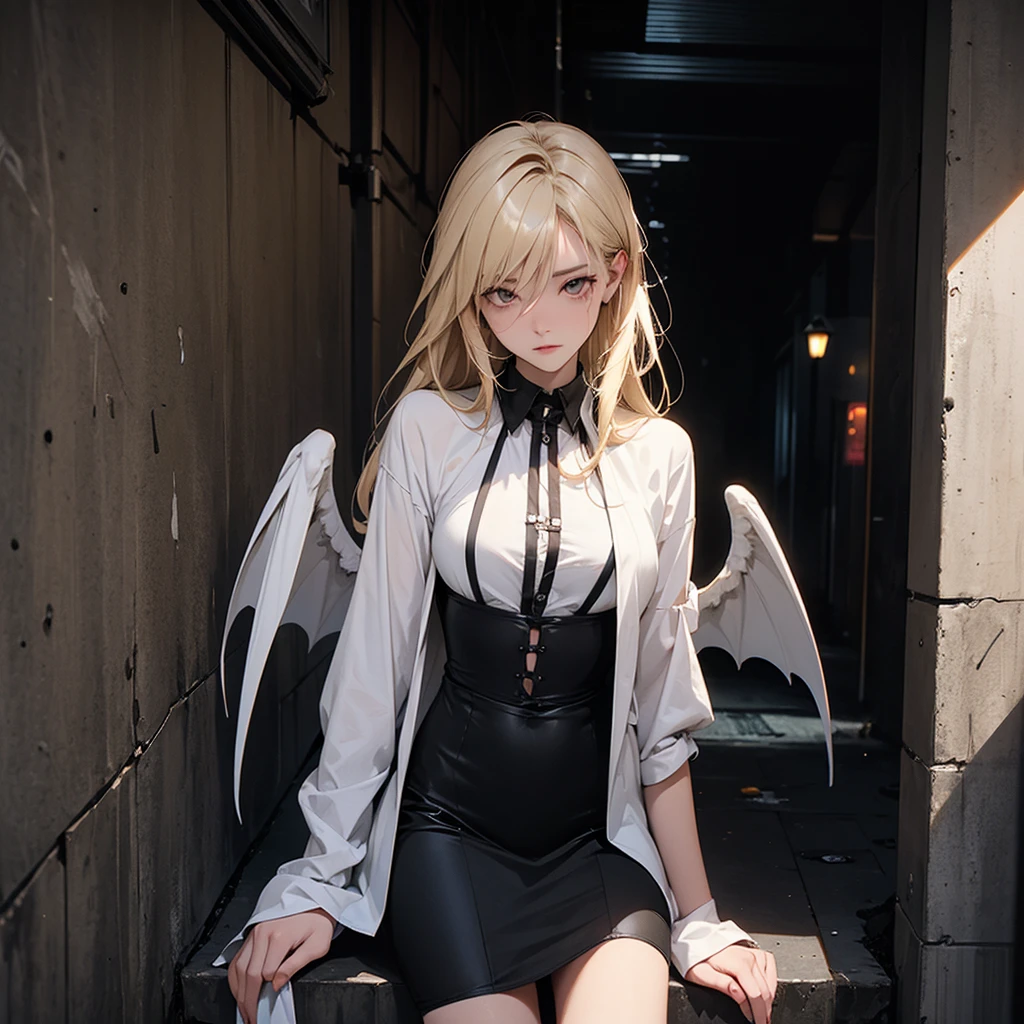 yuzuki_Choco,A smile,black horns、a blond、Manteau blanc、tights、a black skirt、Infirmary、D-cups、Black wings、a blond