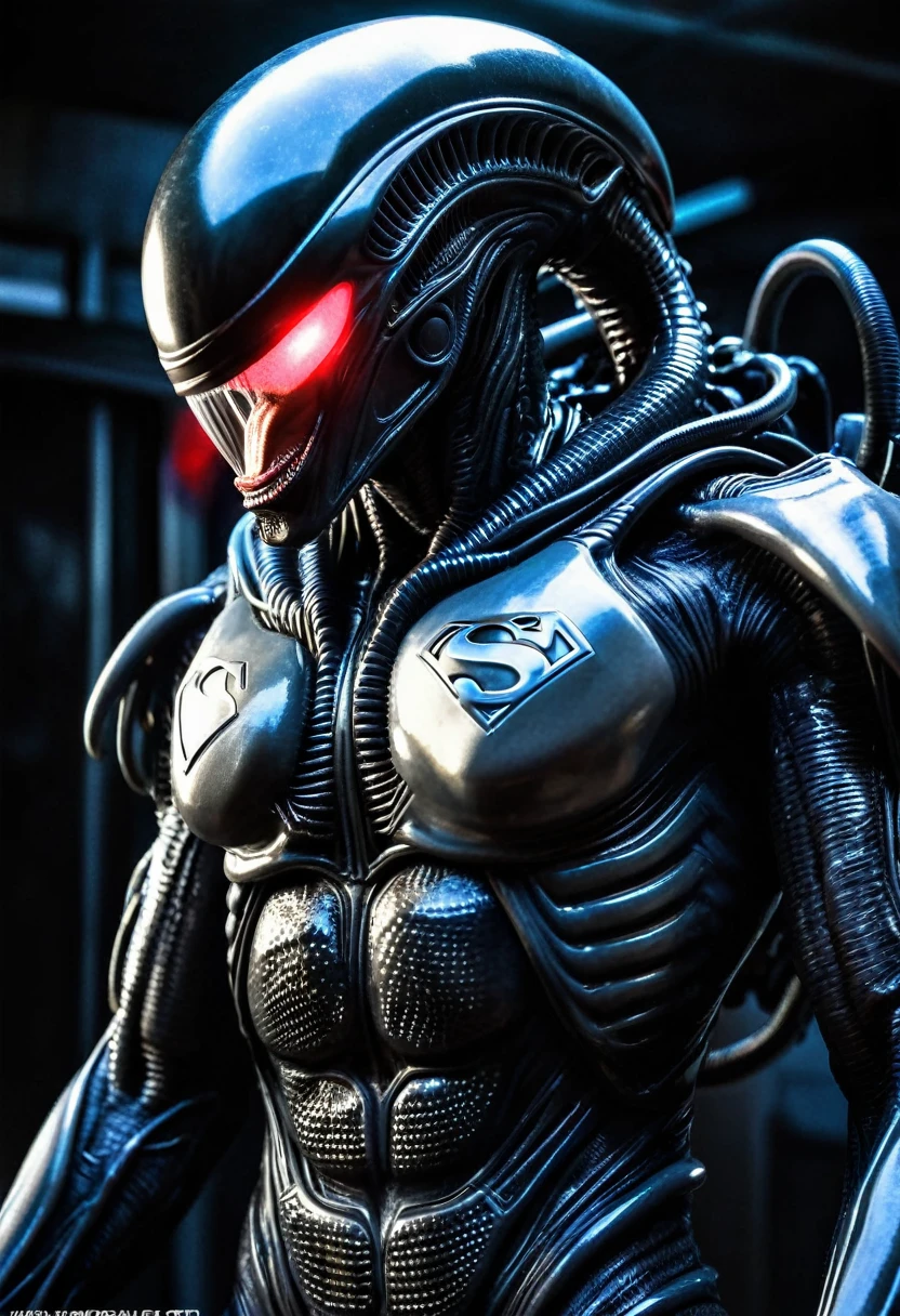 (((Extremely Close-up Xenomorph Alien the Eighth Passenger - Wearing Superman's Suit)), Terrifying, Surreal, and Cinematic Images, Color Splash, High Quality Detail, Ultra Detailed, Photorealistic, (Hyper-realistic Color Depth), Realistic Texture, Full Body Portrait, (Head and Chest Focus), (Translucent Alien Skin Beneath the Suit), (Superman's Symbol Glowing Brightly), (Cinematic Lighting - Dramatic Contrast), Mechanical Alien