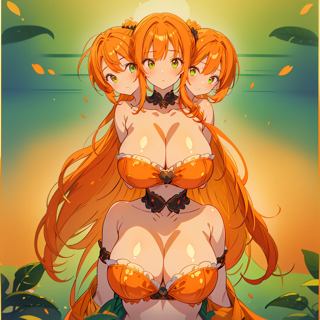 (masterpiece, best quality), best resolution, (3heads:1.5), 1girl, ((((orange hair)))), green eyes, twintails, tube top, huge chest, trap, extra heads INFO