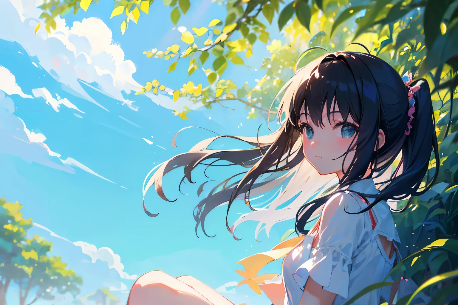 Create exquisite illustrations reminiscent of Makoto Shinkai's style, It has ultra-fine details and top-notch quality. Generate a high-quality illustration depicting a scene of summer where a beautiful girl's hair is blowing in the wind. Ensure that the overall composition exudes a sense of nostalgia and fantasy, with intricate details capturing the essence of a nostalgic summer day. Pay attention to elements such as the gentle breeze ruffling the girl's hair, the warm sunlight casting dappled shadows, and the serene expression on the girl's face as she enjoys the tranquility of the moment. Aim for a finely crafted artwork that transports viewers to a nostalgic and whimsical summer scene. best quality, masterpiece