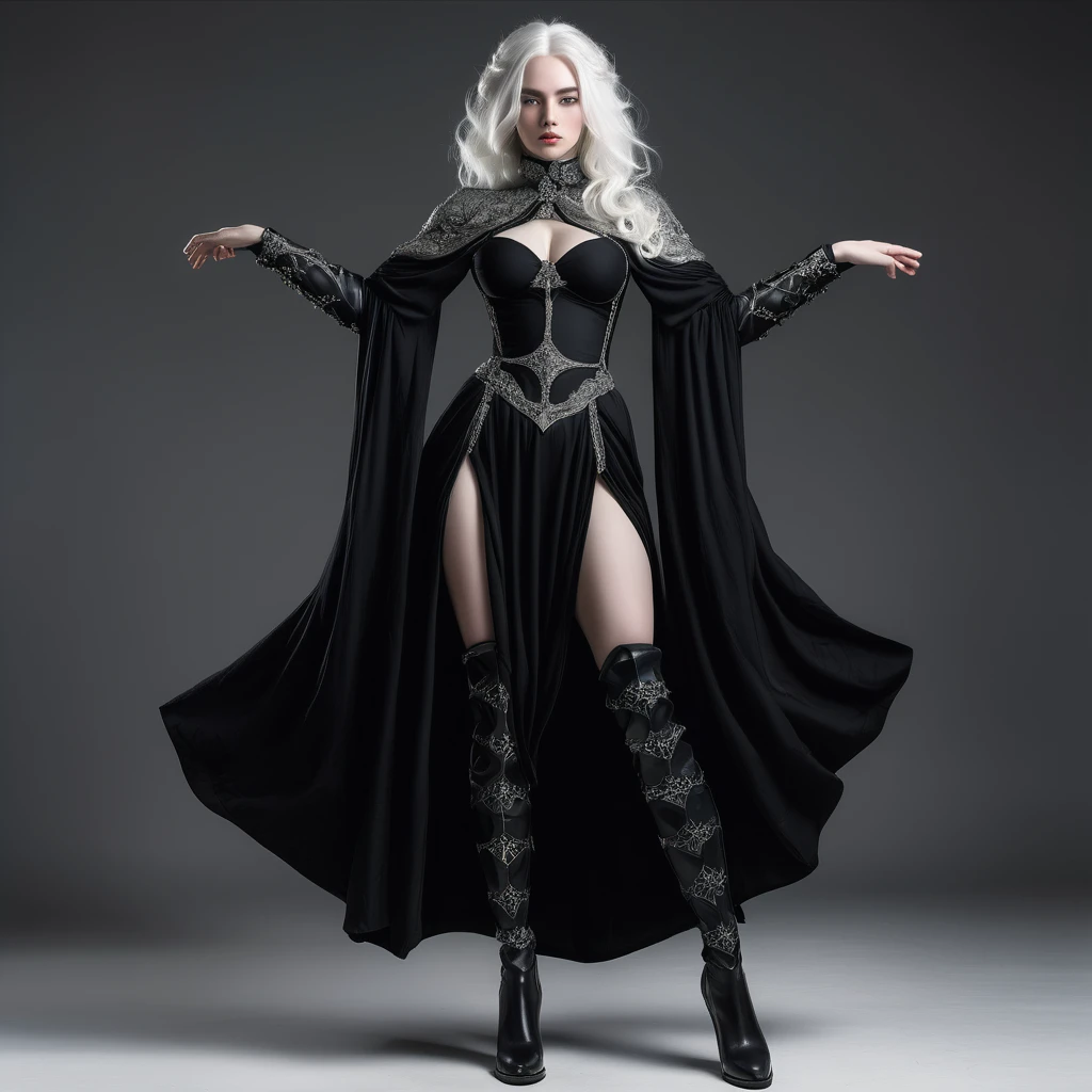 An white lady with four arms and white hair on an medieval real black dress, full body, black boots, white solid background, four arms, four arms