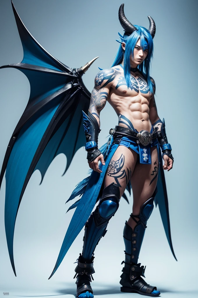 Create in Japanese manga style, a half-human dragonborn, bluish skin, with wings and tail, long tall hair with blue highlights, wearing improvised clothing made from animal skin, tribal tattoos on the body