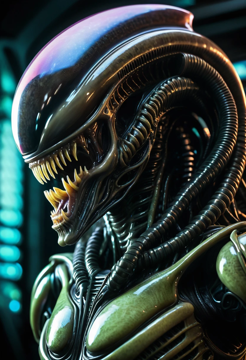 (((Extremely Close-up Xenomorph Alien the Eighth Passenger Terrifying, Surreal, and Cinematic Images, Color Splash, High Quality Detail, Ultra Detailed, Photorealistic, (Hyper-realistic Color Depth), Realistic Texture, Full Body Portrait, (Head and Chest Focus), (Translucent Alien Skin Beneath Glowing Brightly), (Cinematic Lighting - Dramatic Contrast), Mechanical Alien