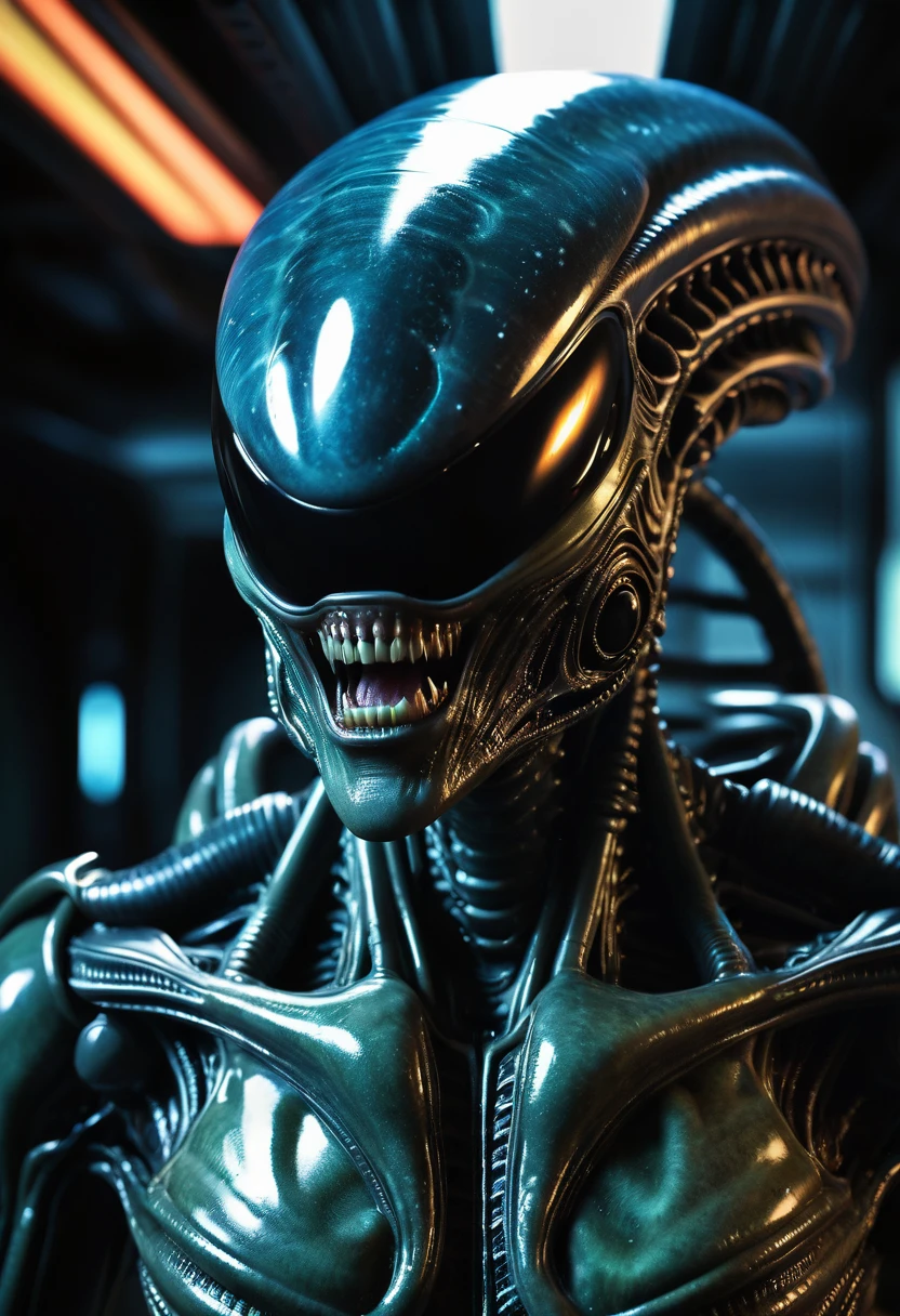 (((Extremely Close-up Xenomorph Alien the Eighth Passenger Terrifying, Surreal, and Cinematic Images, Color Splash, High Quality Detail, Ultra Detailed, Photorealistic, (Hyper-realistic Color Depth), Realistic Texture, Full Body Portrait, (Head and Chest Focus), (Translucent Alien Skin Beneath Glowing Brightly), (Cinematic Lighting - Dramatic Contrast), Mechanical Alien