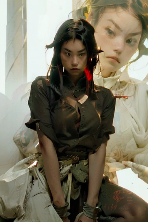 (((Women))), (((Best Quality))), (((masterpiece))), (((AS-Adult))), ((( Japanese ))), Look up from your knees, A beautiful asian samurai Women with perfect body, modern samurai, ((( Asian))), Wear gloves on your hands,The left arm is made of steel and metal tips.,Made of protective devices., The eyes are drawn, (( Appears under the chest. )), (( small dental floss )), Simon Bisley, almost naked(Simon Bisley)castle town desert,For high resolution posters, straight hair, Minimal clothing, armor (crazy clothes ), Full of spikes and rivets., tribal tattoos, (((full bodyesbian))), Straight brown hair,Dyed hair tips