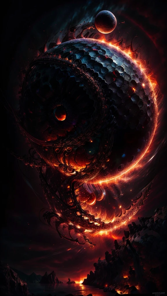 40 year old latina, Adult film Actress Daisy Marie, 34dd's, excessive visible cleavage, arafed, high details, best quality, 16k, [ultra detailed], masterpiece, best quality, (extremely detailed), dynamic angle, ultra wide shot, RAW, photorealistic, a extreme magnified picture of (1) fiery eye of a black devil, red iris, a full black moon, round moon being reflected on the iris, 3D rendering, [[anatomically correct]] zrpgstyle