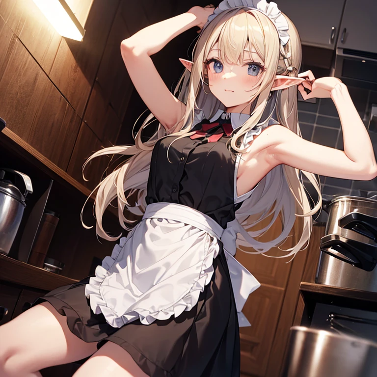 A maid, (in kitchen), various hair styles, night, details face, short skirt, seducing, sleeveless, maid uniform, armpits, elf