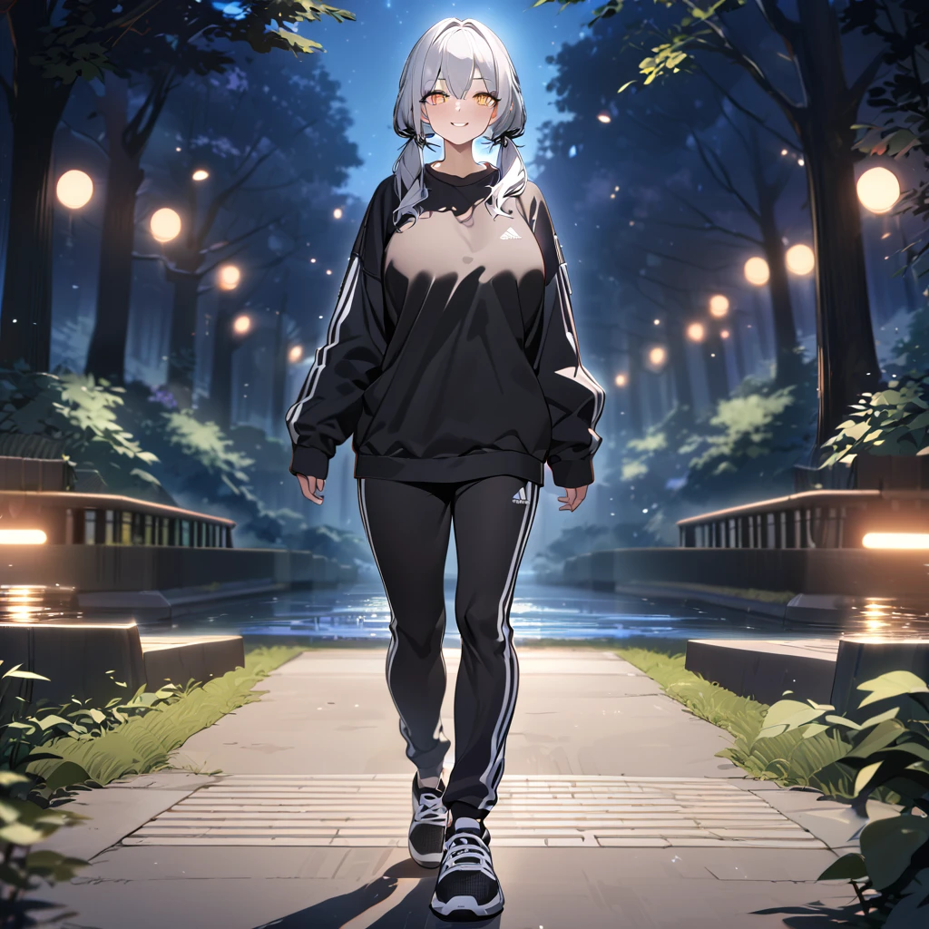 A woman wearing a black adidas sweatshirt, black adidas track pants, sports shoes, silver hair, pigtails, red bangs, multi-colored hair, yellow eyes, smiling, big breasts walking on a sidewalk in a forest park at night, with illuminated location overlooking a lake on site, close view, UHD, prime work, accurate, anatomically correct, textured skin, super details, high quality, best quality, 8k, high resolution, bokeh effect. (woman alone)
