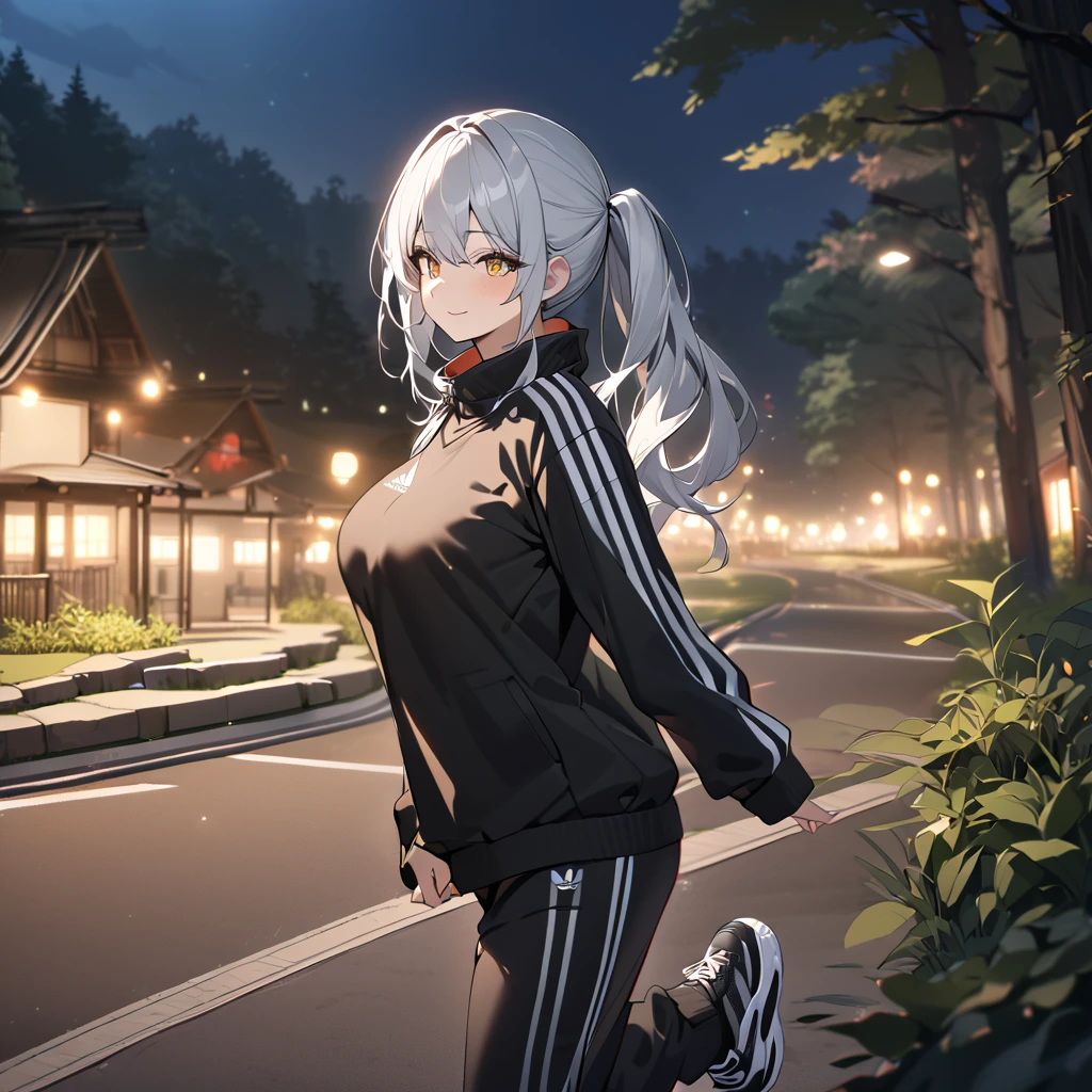 A woman wearing a black adidas sweatshirt, black adidas track pants, sports shoes, silver hair, pigtails, red bangs, multi-colored hair, yellow eyes, smiling, big breasts walking on a sidewalk in a forest park at night, with illuminated location overlooking a lake on site, close view, UHD, prime work, accurate, anatomically correct, textured skin, super details, high quality, best quality, 8k, high resolution, bokeh effect. (woman alone)
