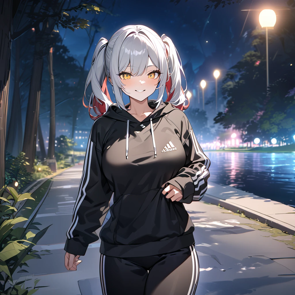 A woman wearing a black adidas sweatshirt, black adidas track pants, sports shoes, silver hair, pigtails, red bangs, multi-colored hair, yellow eyes, smiling, big breasts walking on a sidewalk in a forest park at night, with illuminated location overlooking a lake on site, close view, UHD, prime work, accurate, anatomically correct, textured skin, super details, high quality, best quality, 8k, high resolution, bokeh effect. (woman alone)
