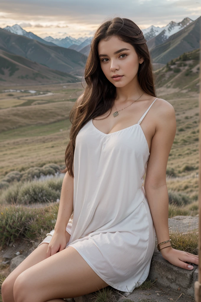 1girl in, 25 years old, Square face, Long hair, fat body, Looking at viewer, jewelry, Realistic, Sexy, nightgown outfit, colorful outfit, Background of grasslands and mountain peaks, posture sit