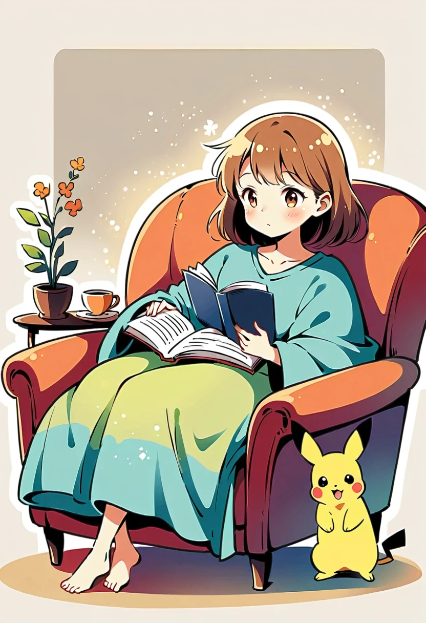 illustration of Pikachu relaxing in a cozy chair while reading a book. Pikachu should be sitting comfortably with a book open on its lap. Include a warm, inviting background with a small table holding a cup of tea and a soft blanket draped over the chair. The atmosphere should be peaceful and cozy.