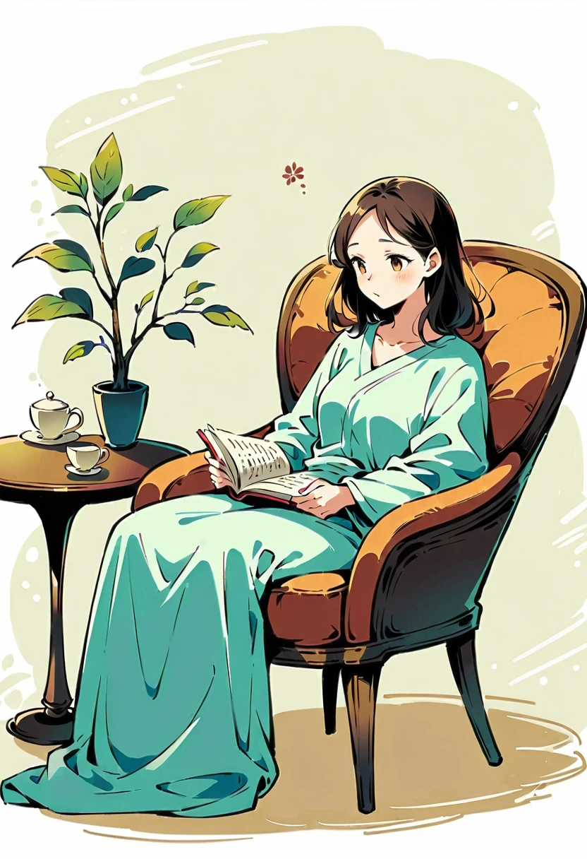 illustration of Pikachu relaxing in a cozy chair while reading a book. Pikachu should be sitting comfortably with a book open on its lap. Include a warm, inviting background with a small table holding a cup of tea and a soft blanket draped over the chair. The atmosphere should be peaceful and cozy.