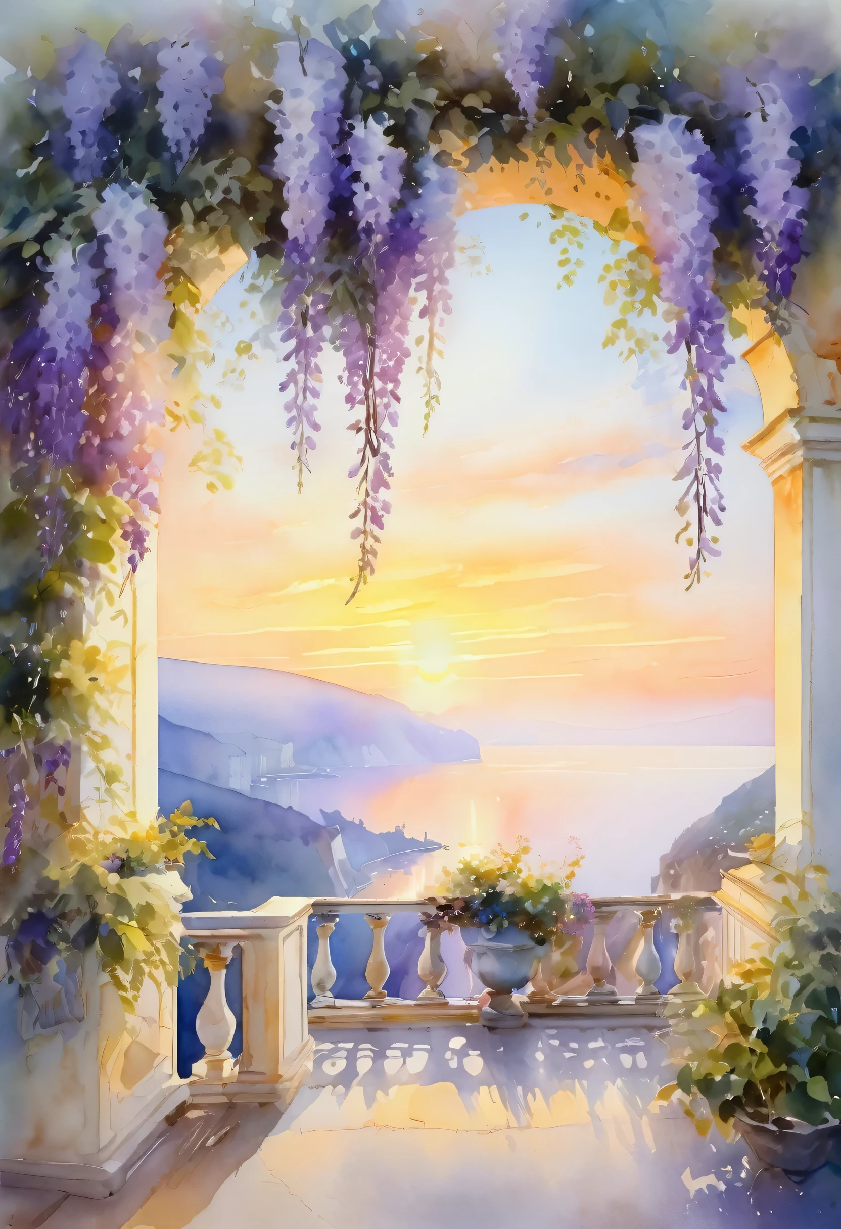 beautiful descent to the sea, Terrace, Wisteria, sunset, fog, Stepan Kolesnikov, watercolor, glow