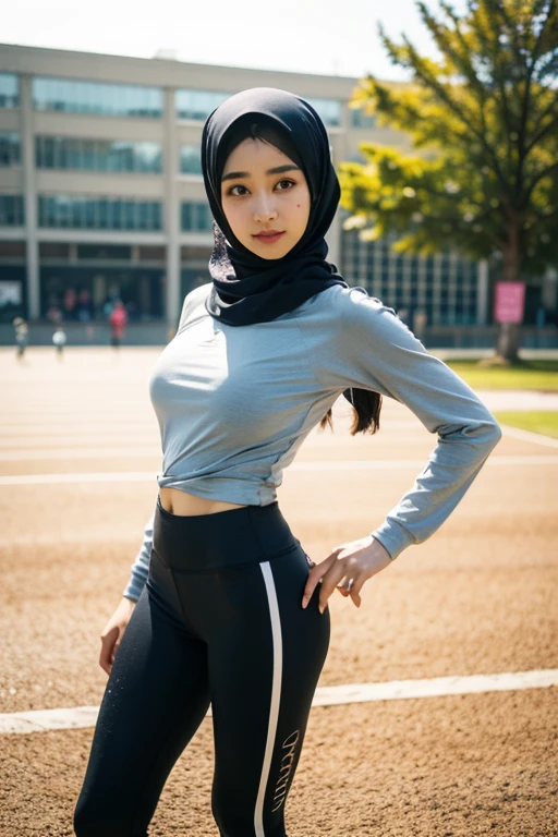 ((best quality)), ((masterpiece)), (detailed), (perfect face),
Detaile pictures of beautiful hijabi girl, wearing a drenched long sleeve sport shirt and leggings soaking wet with her own sweat, the beautiful hijabi girl standing gracefully with her astonishing hourglass athletic slim body figures on sport ground