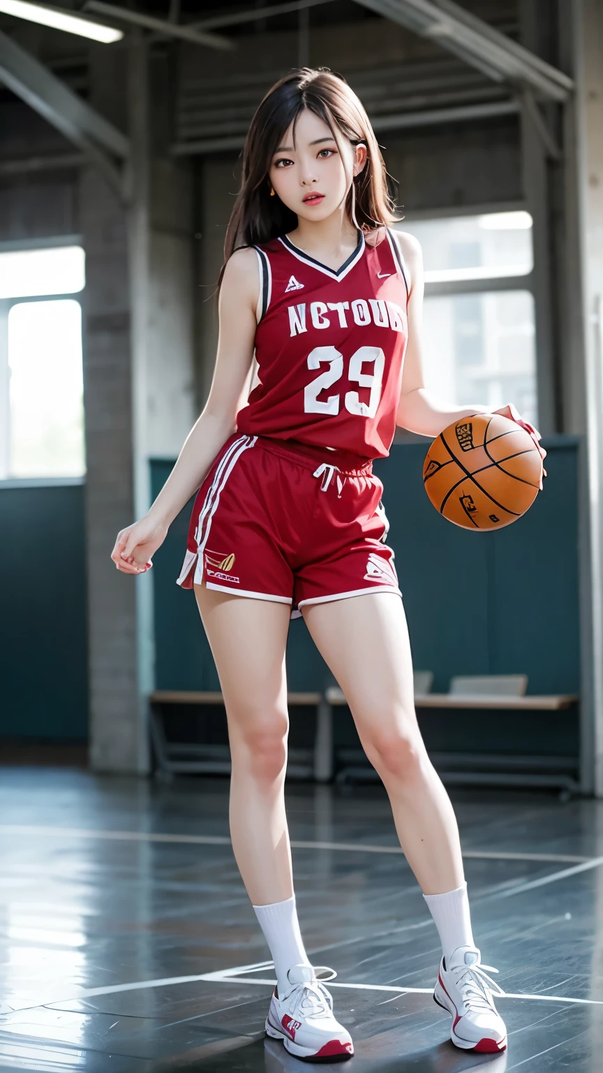 Best Quality, Masterpiece: 1.3, 8k, Realistic, Photorealistic: 1.5, Ultra Detailed, Best Quality, Ultra High Resolution, Beautifully Detailed Eyes, Beautiful Detailed Face, Pose, Thin Waist, Basketball Uniform, Blonde Hair, Messy Hair, Long Hair Flying in the Wind, Professional Lighting, Photon Mapping, Radiosity, Physically Based Rendering, Cinematic Lighting, Basketball Court, Depth of Field, Sharp Focus, Sun Rays, Good Composition, Bokeh: 1.2, One Girl, Solo, Full Body, Mouth Closed,