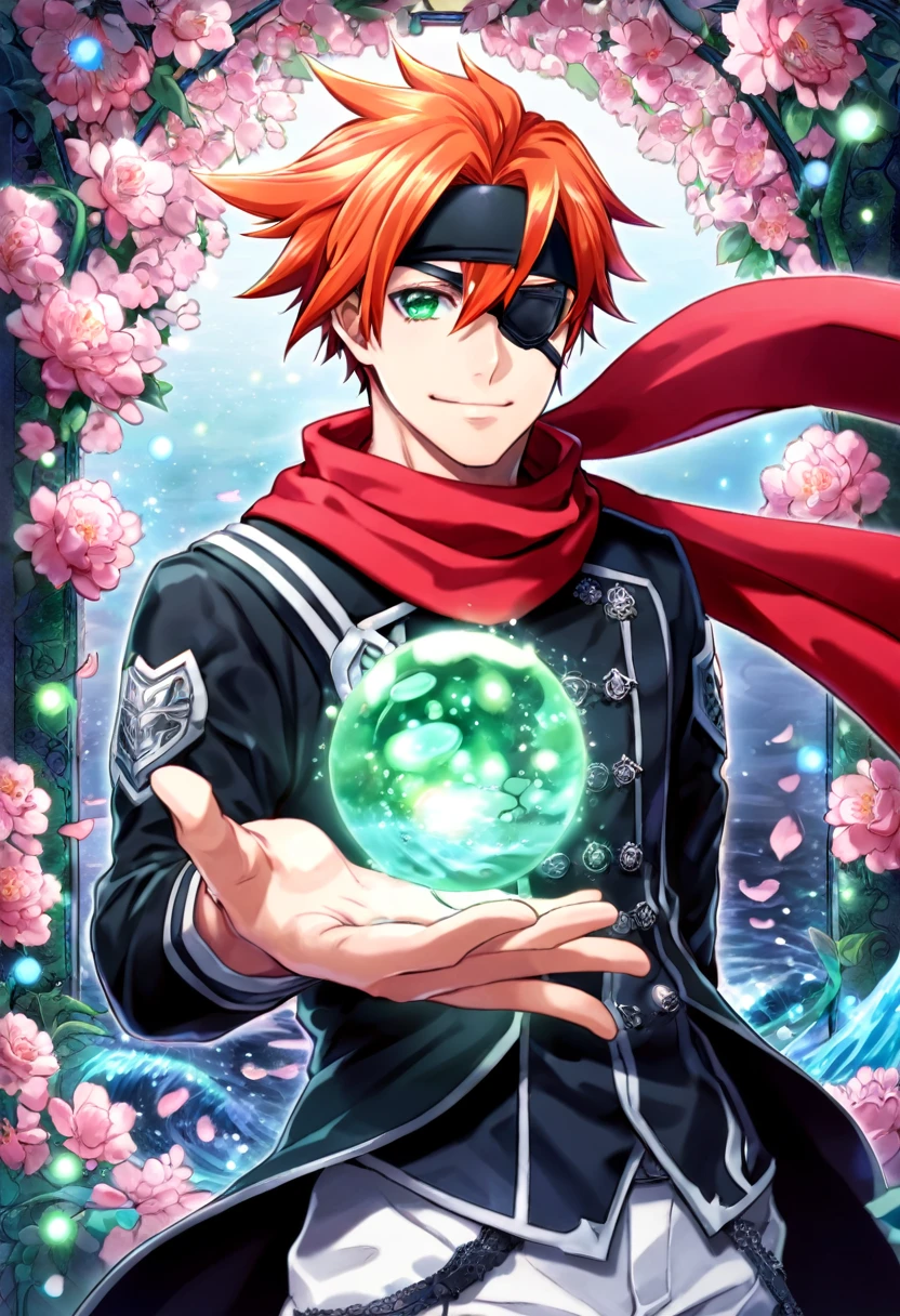 Ultra detailed, Highres, absurdres, HDR, Lavi bookman, orange hair, expressive green eye, black eye patch, D.Gray-man, red scarf, black jacket, black headband, fantasy, handsome, sexy man, solo, very detailed eyes and face, master piece, pink flowers, blossoms, pink petals, magical, water, handsome smile, shining blue fireflies, white pants,