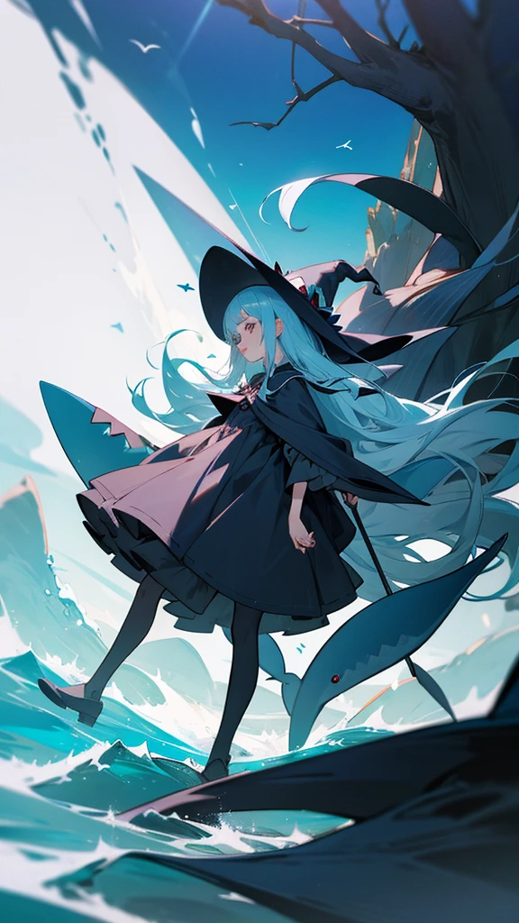 girl, witch, shark, sea dress, long hair, full length,