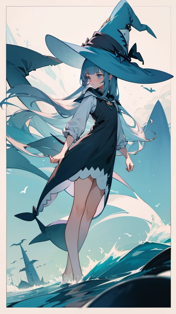 girl, witch, shark, sea dress, long hair, full length,